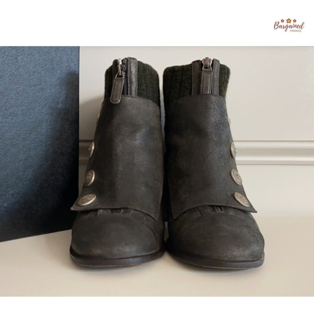 Authentic CHANEL Charcoal Distressed Leather Tweed CC Buttons Ankle Boots 10.5 - Picture 4 of 15